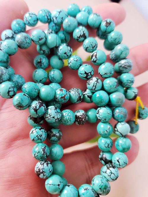 湖北十堰丫角山原矿绿松石铁线松108佛珠项链,手链