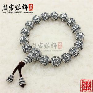 s999足银佛珠链 纯银手串 复古藏式六字真言佛珠链 转运赵家银饰