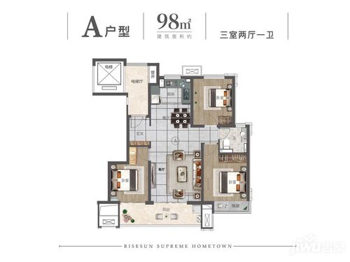 一,三室两厅一卫一厨约98平米:室内视野开阔,开窗时可在房屋中间形成