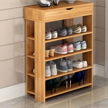 跃航 鞋架多层简易板材鞋架子仿实木现代简约带抽屉鞋柜 四层60cm红叶