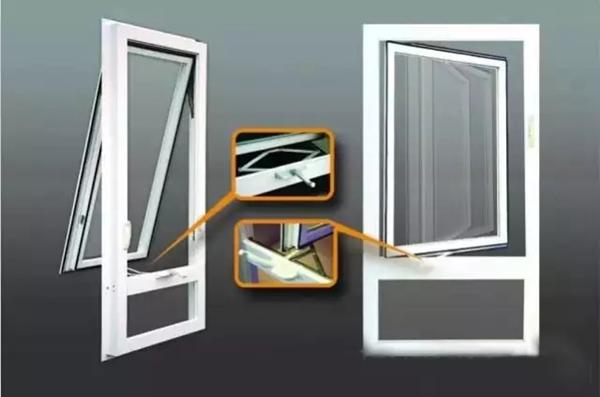 合页(铰链)装于窗扇上侧,向室外方向开启,此类窗型一般防雨性较好.