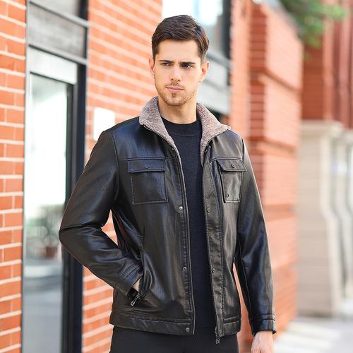 卡丹路男装特卖旗舰店 2018冬季新款男士皮衣加绒加厚短款翻领带口袋