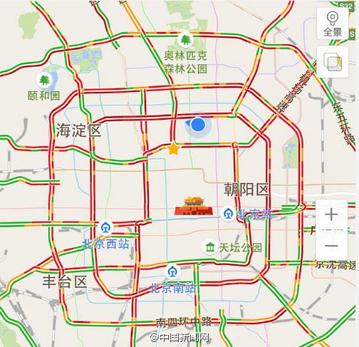 晚高峰遇下雨天 北京环路"全红"