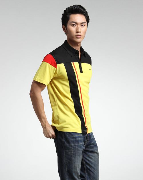 [ 七匹狼 ] 黑红黄三色撞色青春活力翻领短袖t恤