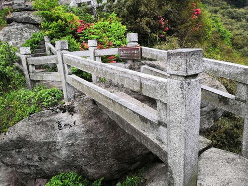 岩下不远的绝壁上有两石凌空,与悬岩相接,此即"会仙桥",妍红的杜鹃嵌