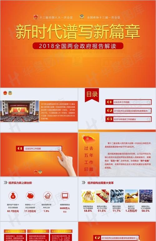 素材免费下载,新时代谱写新篇章2018全国两会政府报告解读ppt模板主要