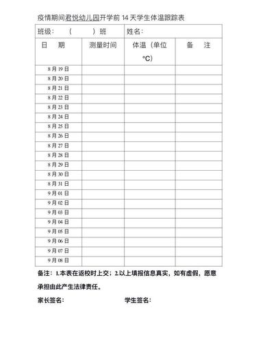 2体温检测表:如属填写开学前14天的体温检测记录