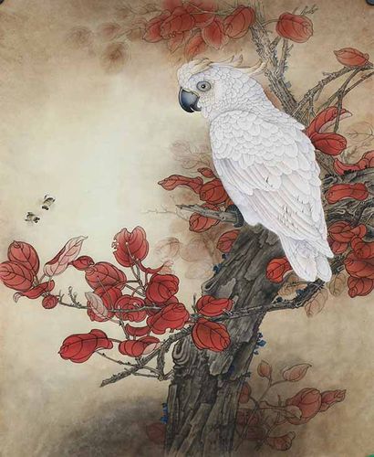 工笔鹦鹉红叶