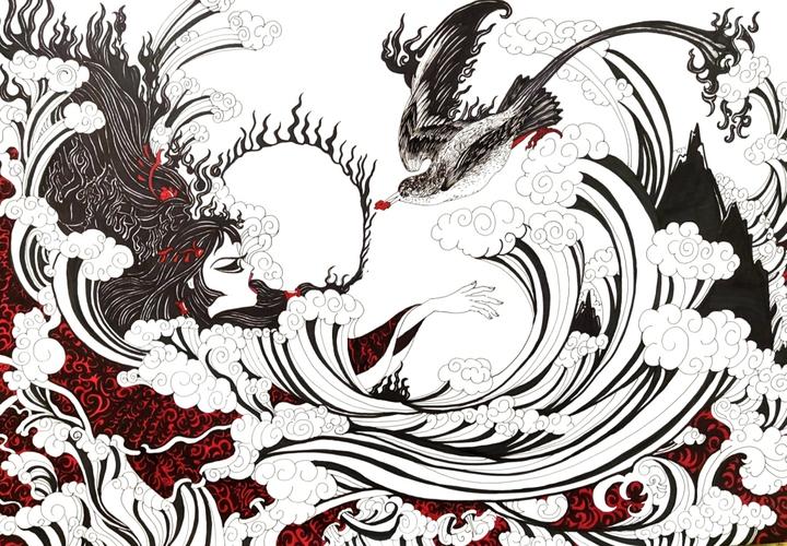 山海经《精卫填海》 #线描画#临摹#山海经_山海经_线描_临摹_文化