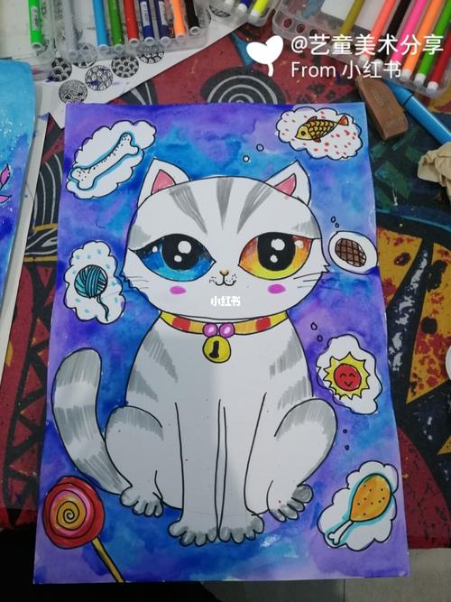 原创儿童画_油画_彩墨_猫咪_儿童画_母婴_早教