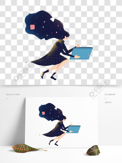 长头发的女孩在写字免抠图模板免费下载_psd格式_650