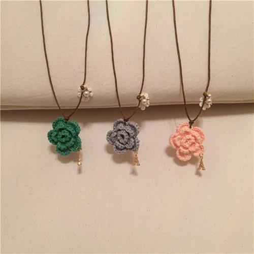 韩版手工钩花毛线花朵女童项链铁塔毛衣链