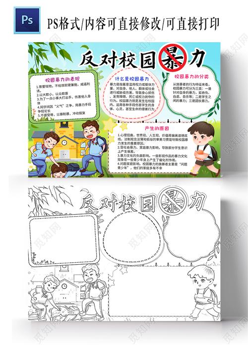 蓝色卡通反对校园暴力防校园欺凌小学生手抄报小报