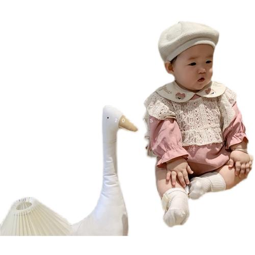 丸纸momoko婴童童装刺绣小熊蕾丝两件件套三角连身衣