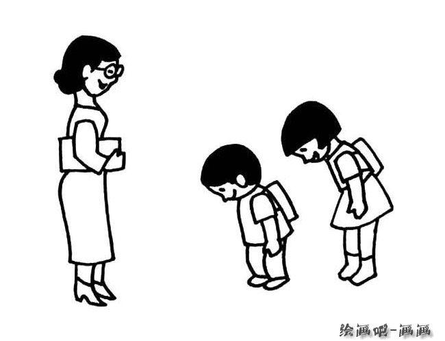 人物简笔画栏目里的给老师鞠躬的学生简笔画 步骤 图片 大全,供小朋友