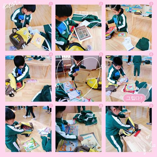 第三项:整理书包(幼儿将书本大小分类,文具盒最后放入,按顺序装入书包