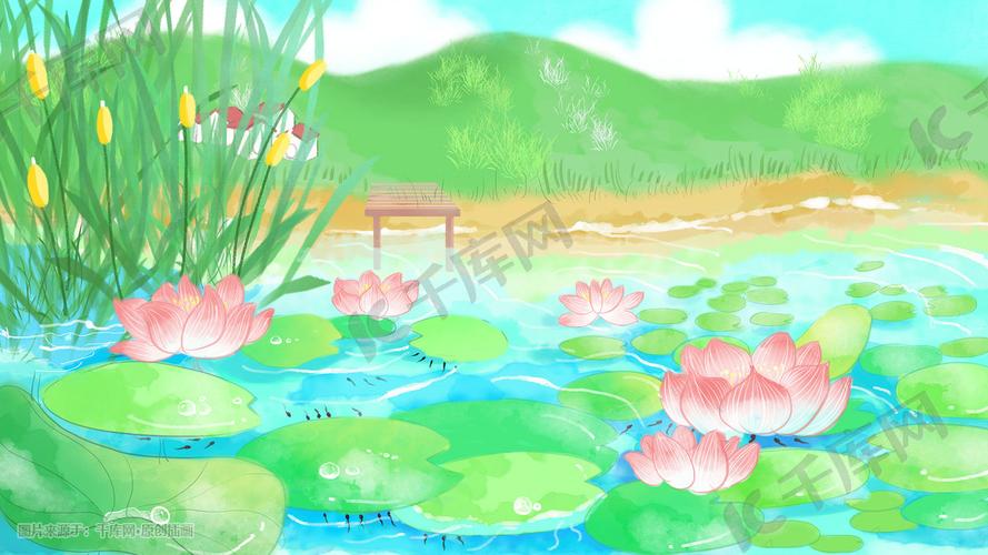 夏天小清新唯美荷花荷叶池塘草地夏天景色