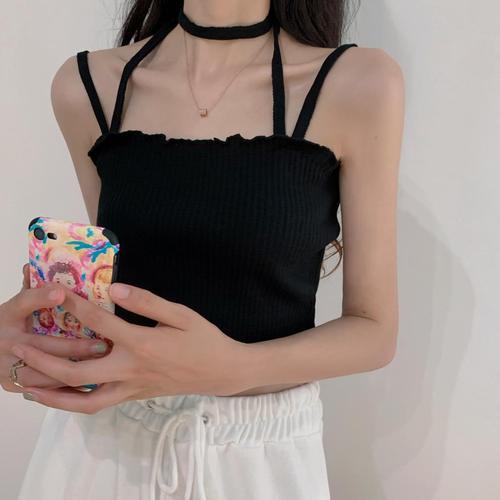 苓影无袖吊带设计感小众外穿2021年新款夏季韩版木耳边挂脖背心女学生
