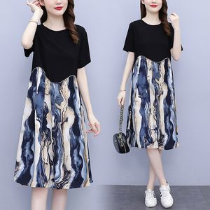 大码女装2021夏季新款韩版宽松显瘦气质印花拼接假两件连衣裙,大码