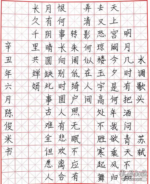 硬笔书法作品水调歌头