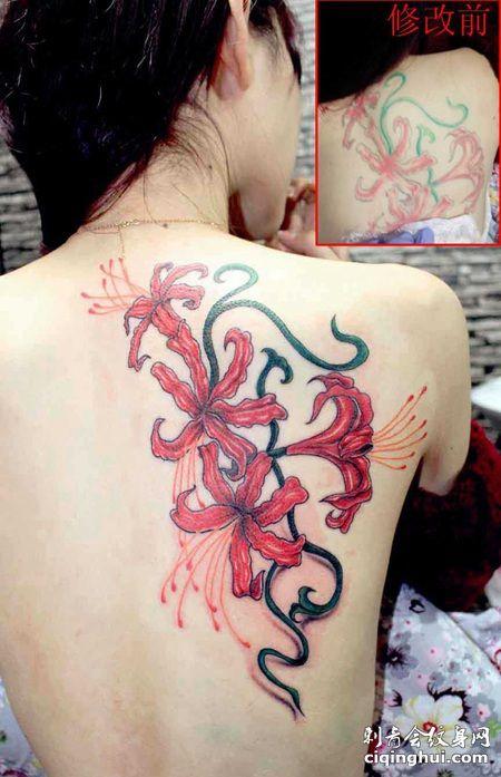 美背多个大型的彼岸花纹身图案