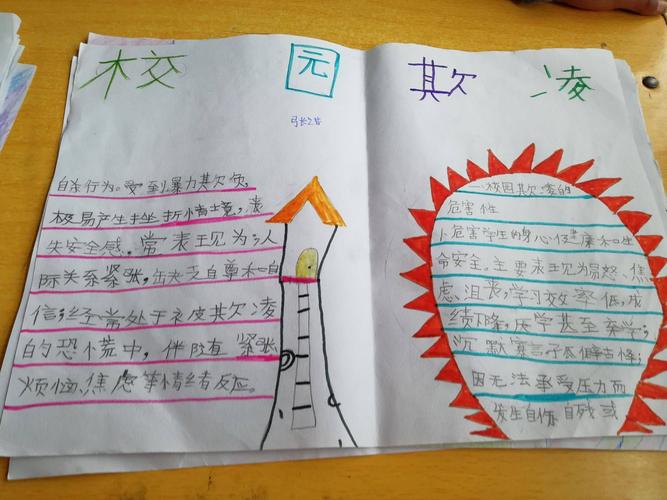 汤阴县任固镇岳儿寨中心小学三(2)班"防校园欺凌"手抄报展
