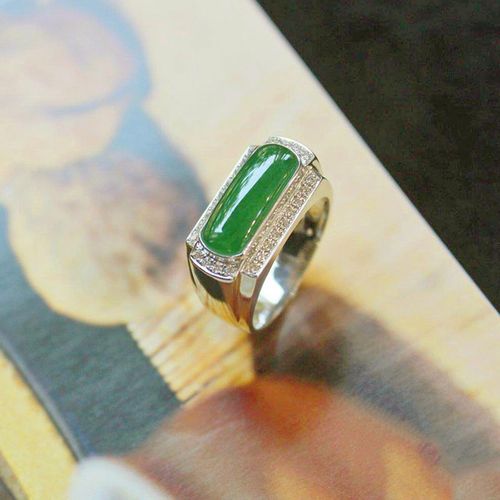 天然玉髓原石老坑冰种阳绿翡翠男款马鞍戒指s925纯银镶玉清澜大气