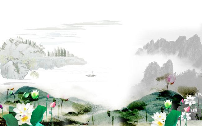 psd荷花山水画