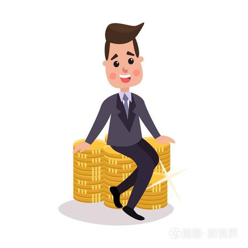 坐在一堆金币炫彩矢量插图的快乐百万富翁字符