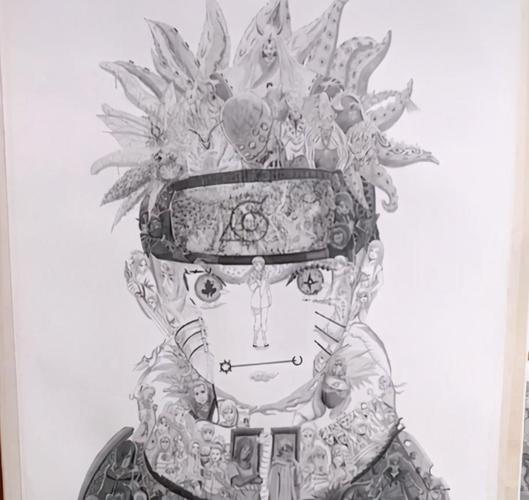 小哥手绘鸣人,本以为是普通素描,拉近后看到了整个忍者世界