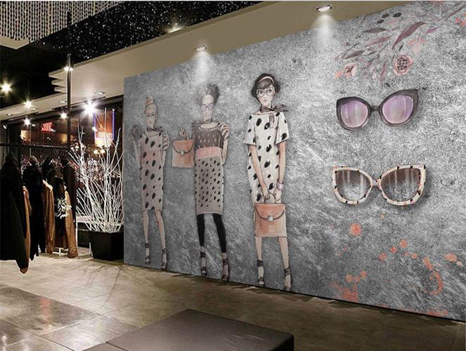 六纹鱼手绘抽象艺术复古墙纸女装服装店背景墙壁纸个性时尚婚纱壁画