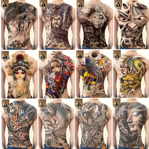 满背后背纹身贴防水男女持久大图关公关羽九龙拉棺仿真刺青花臂贴