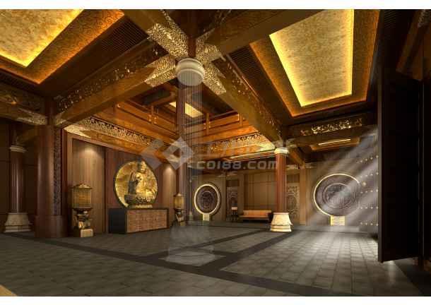 金色豪华古寺庙室内整体效果图