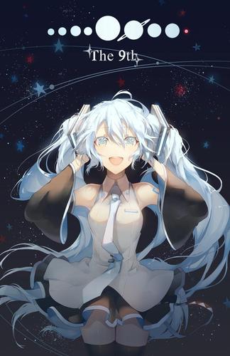 头上长了两根大葱辫子的二次元女孩"初音未来"的高清插画壁纸