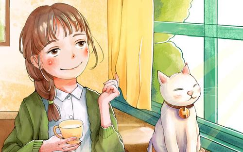 手绘可爱女孩与猫咪高清电脑桌面壁纸
