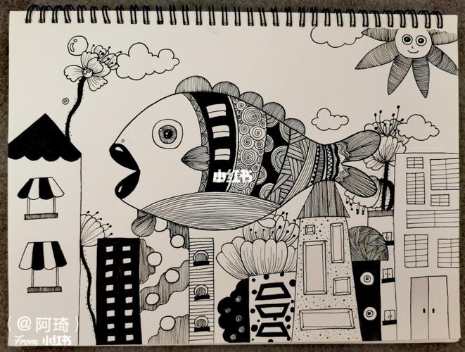 黑白装饰画——鱼_装饰画_绘画_寻找小红书绘画大神_文化_绘画