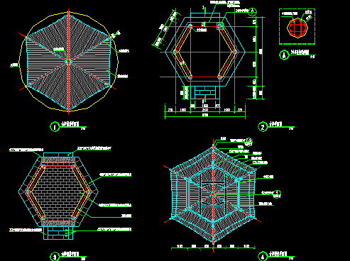 六角中式古亭子施工图纸原创