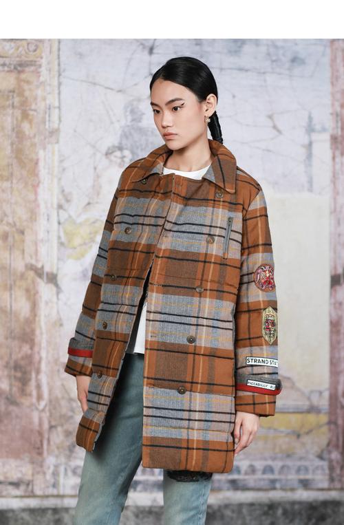 达衣岩复古英伦格子羽绒服百搭工装风衣棉女冬雾紫s