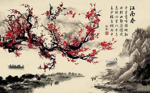 中式古典梅花水墨画山水画电视背景墙无纺布墙纸d255壁画壁纸