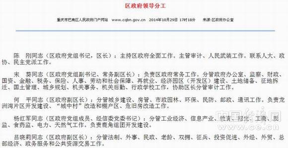 重庆综合报道 据重庆巴南区政府网"区政府领导分工"显示,巴南区委常委
