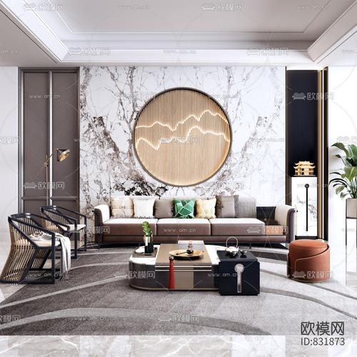 新中式布艺组合沙发3d模型-免费3dmax模型库-欧模网