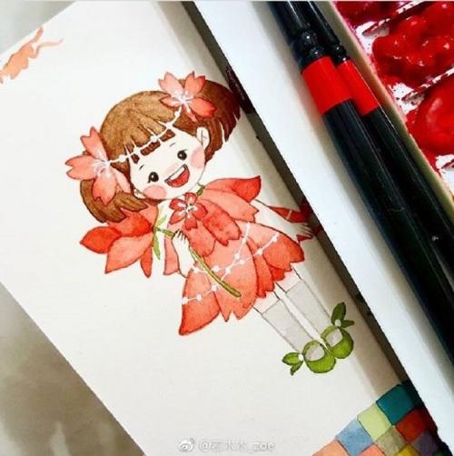 超可爱的小女孩水彩简笔画图片各种姿势小女生