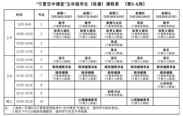 "宁夏空中课堂"第5-6周课程表