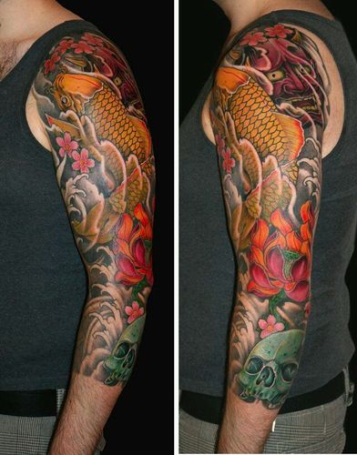 希腊纹身师kostag的鲤鱼般若花臂刺青