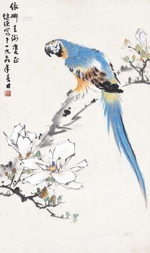 0072 玉兰鹦鹉 立轴 设色纸本