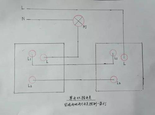 上图为单开双控开关的接线图,两个单开双控实现两地都能控制一盏灯