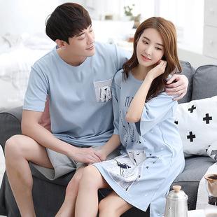 现货 短袖情侣睡衣夏季纯棉韩版睡裙女款夏天薄款男士家居服套装