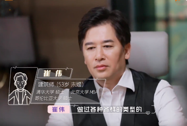 谨慎并慢热的崔伟 崔伟今年53岁,未婚,是清华大学硕士毕业,北京大学