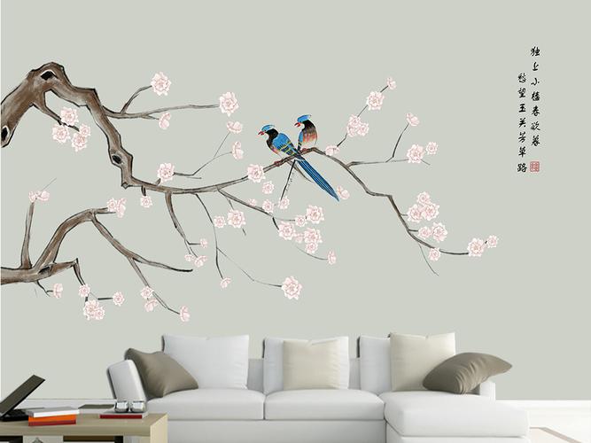 新中式工笔画喜上眉梢花鸟电视背景墙