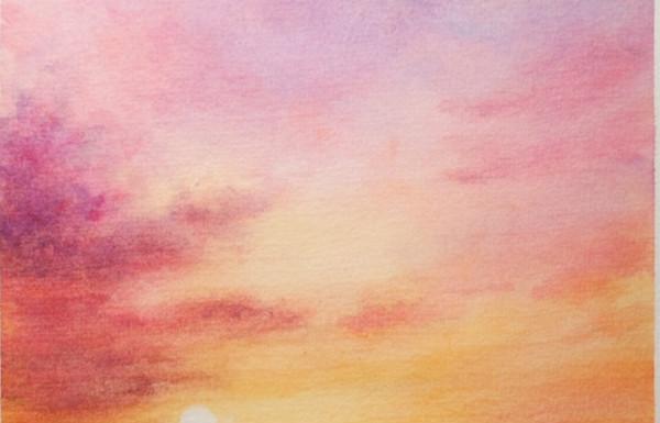 超美夕阳黄昏水彩画作品,清新淡雅美术作品欣赏